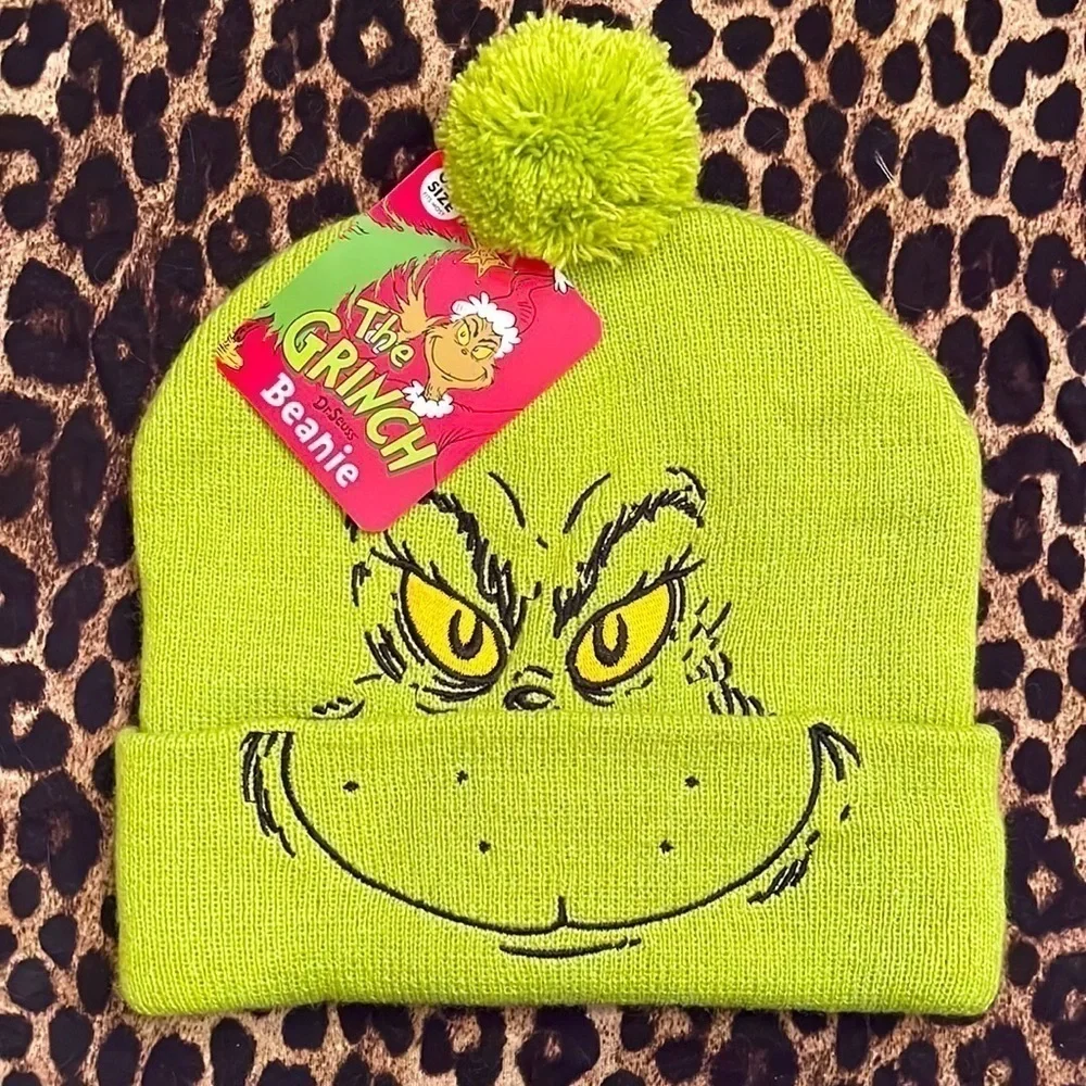 Brand New The Grinch Knit Pom Embroidered Hat Green Christmas Novelty Beanie